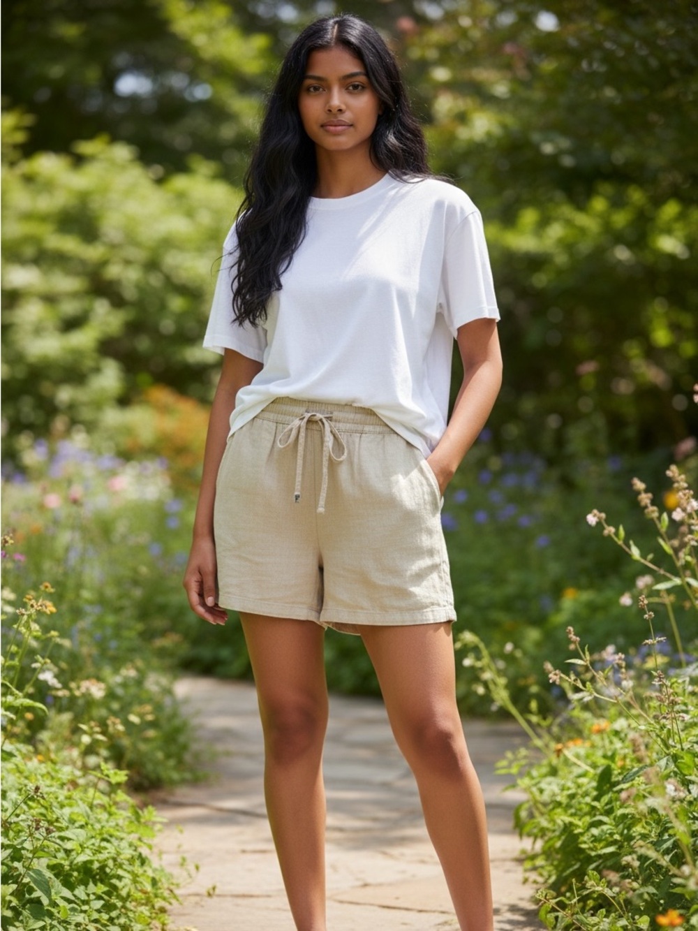 IYLA Women's Drawstring Elastic Waist Shorts linen blend  - Beige  szie large